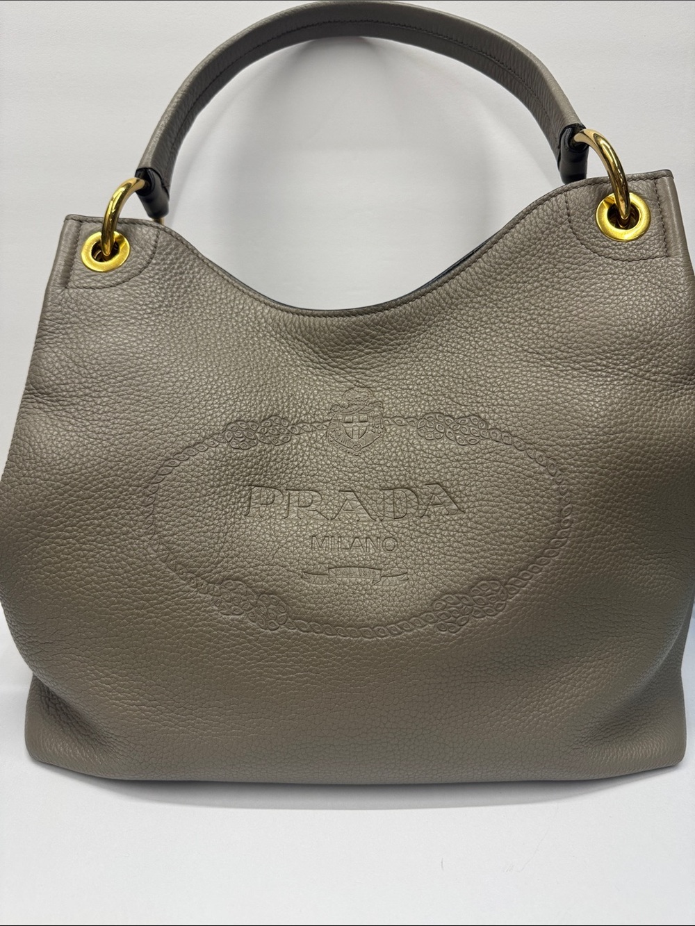 Prada Taupe Pebbled Leather Shoulder Bag with Gold Hardware